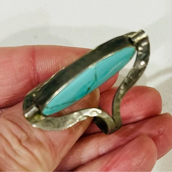 RARE VTG Reversible Artisan Ring, Tibetan Silver,Dual Turquoise Cabochons, Sz 9 - Picture 7 of 11
